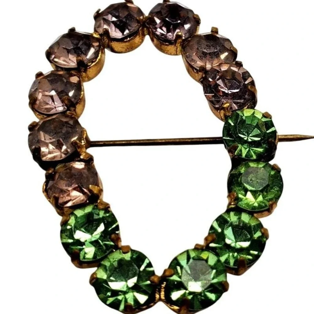 Peridot & Amethyst Rhinestone Brooch Gold‎ Tone Glass Antique Pin Circle Wreath